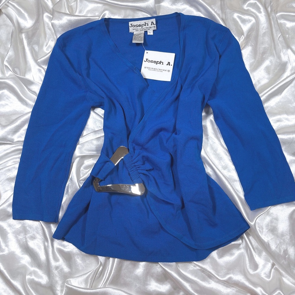 Vintage Joseph A Cardigan Blue NWT Wrap V-Neck Silver Buckle Knit Top